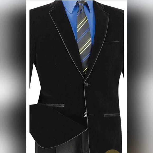 MEN'S VINCI SINGLE BREAST BLACK VELVET SLIMFIT SPT. COAT W/ FAUX LEATHER TRIM. - Picture 2 of 2